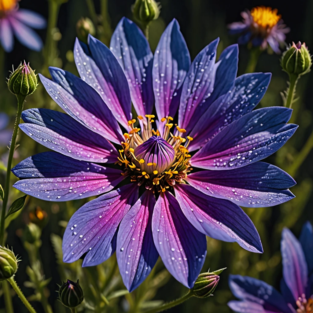 Frame a close-up shot of a delicate wildflower, showcasing its intricate petals and vibrant colors. Epic cinematic brilliant stunning intricate meticulously detailed dramatic atmospheric maximalist digital matte painting.