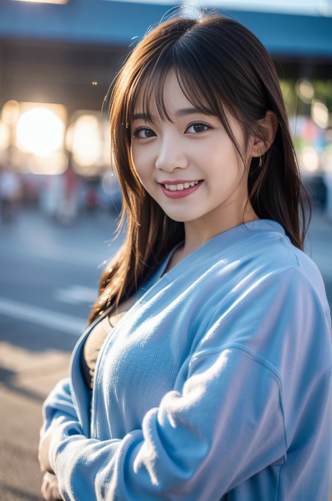 (8K, RAW Photos, Highest quality、masterpiece:1.2), (Realistic、Realistic:1.37), 1 girl, like々Shii, Laughter, View your audience, The background is blue sky, Sun glare, Blurred Background, Particles of light, Strong winds,