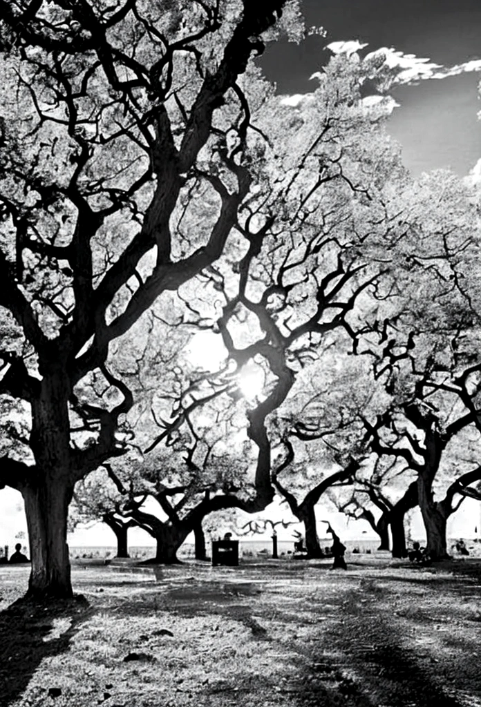 An orchard full of fruits,apple,Grape,peach,Pomegranate,Black and white style,Bright sunlight shines through the screen,Idyllic atmosphere，Nostalgia，Artistic masterpiece，The moon is big