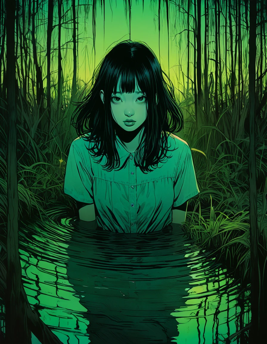 An illustration、art、nightmare、Swamp, Supervised by Junji Ito、get lost, Realistic shadows、Analog Style, chromatic aberration, Surrealism、Complementary Gradient