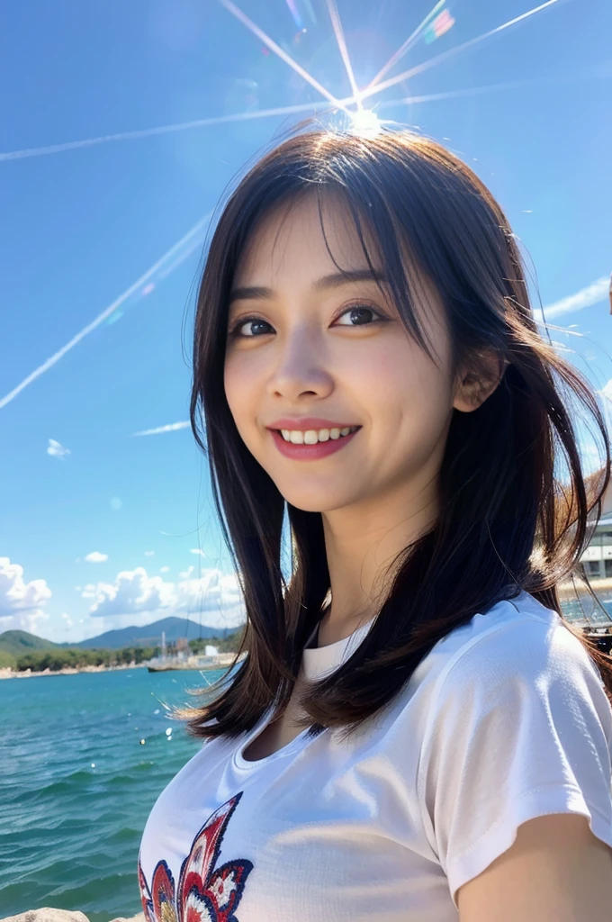 (8K, RAW Photos, Highest quality、masterpiece:1.2), (Realistic、Realistic:1.37), Japanese,like々Shii, Laughter, View your audience, Sun glare, Beautiful blue sky, Blurred Background, Particles of light, Strong winds,