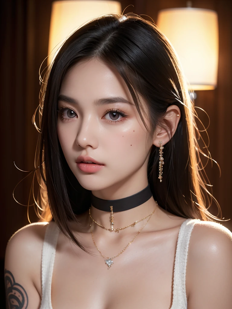 1girl, alone, solitary, high quality, (best quality,4k,8k,highres,masterpiece:1.2),ultra-detailed,(realistic,photorealistic,photo-realistic:1.37),gorgeous hair,black hair, jet black long straight hair with bangs,puffy eyes,mole on the cheek,plump lips,jewelry,(high detailed skin:1.4),(rim lighting:1.3),(lit:1.3),(sunny day:1.3),portrait,beautiful lips,waist-length hair,seductive gaze,moles,sweater,intense colored sweater,close up,really long hair,choker necklace,tattoos on thighs,tattooed,light eyes,bangs,fringe,20 year old