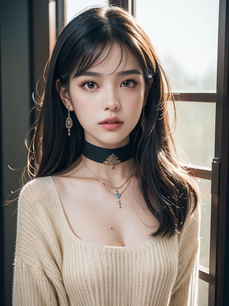 1girl, alone, solitary, high quality, (best quality,4k,8k,highres,masterpiece:1.2),ultra-detailed,(realistic,photorealistic,photo-realistic:1.37),gorgeous hair,black hair, jet black long straight hair with bangs,puffy eyes,mole on the cheek,plump lips,jewelry,(high detailed skin:1.4),(rim lighting:1.3),(lit:1.3),(sunny day:1.3),portrait,beautiful lips,waist-length hair,seductive gaze,moles,sweater,intense colored sweater,close up,really long hair,choker necklace,tattoos on thighs,tattooed,light eyes,bangs,fringe,20 year old