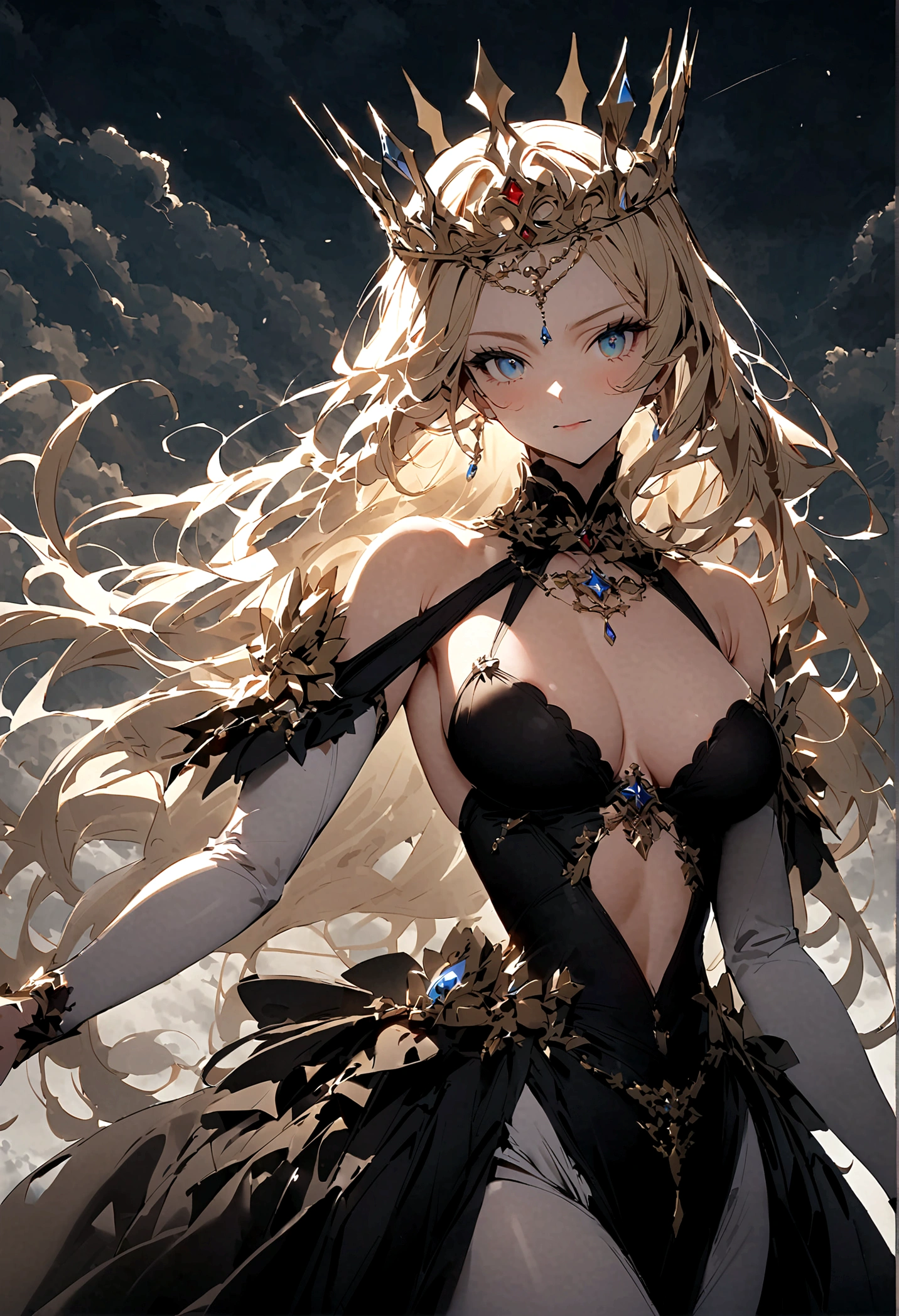 （only one person），Dark sky，((Winter))，dark clouds，Ice Crown，goddess，(Short flowing hair)，Sexy，noble，grace