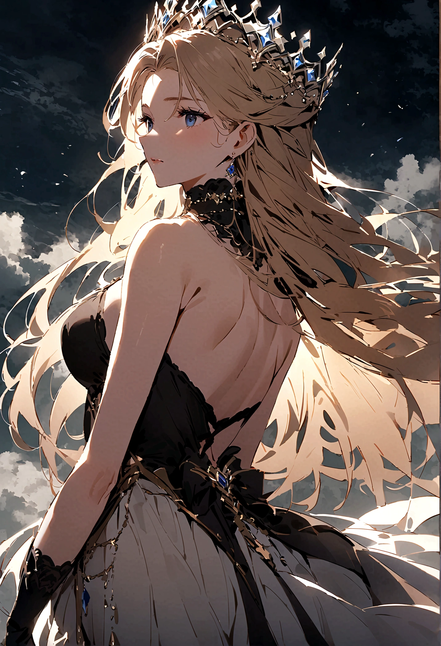 (only one person),Dark sky,((Winter)),dark clouds,Ice Crown,goddess,(Short flowing hair),Sexy,noble,grace