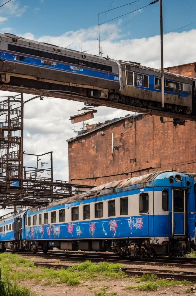 a gangster is doing graffiti on a train carriage, with an abandoned train station in the background