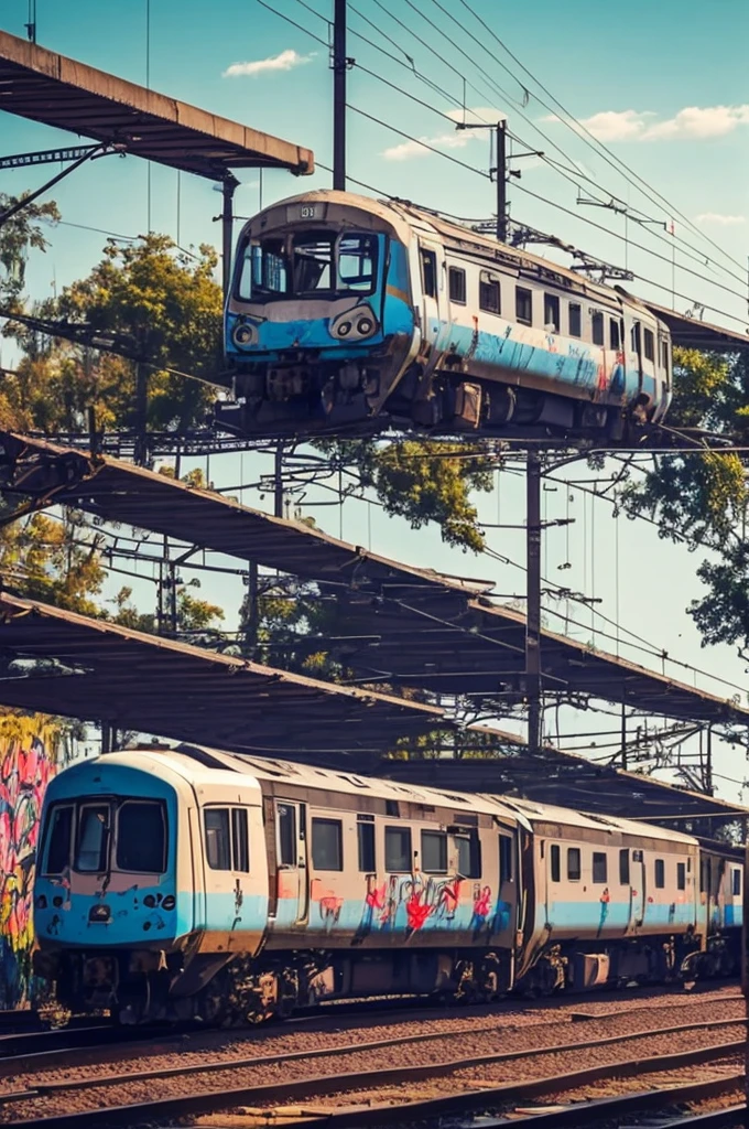 a gangster is doing graffiti on a train carriage, with an abandoned train station in the background