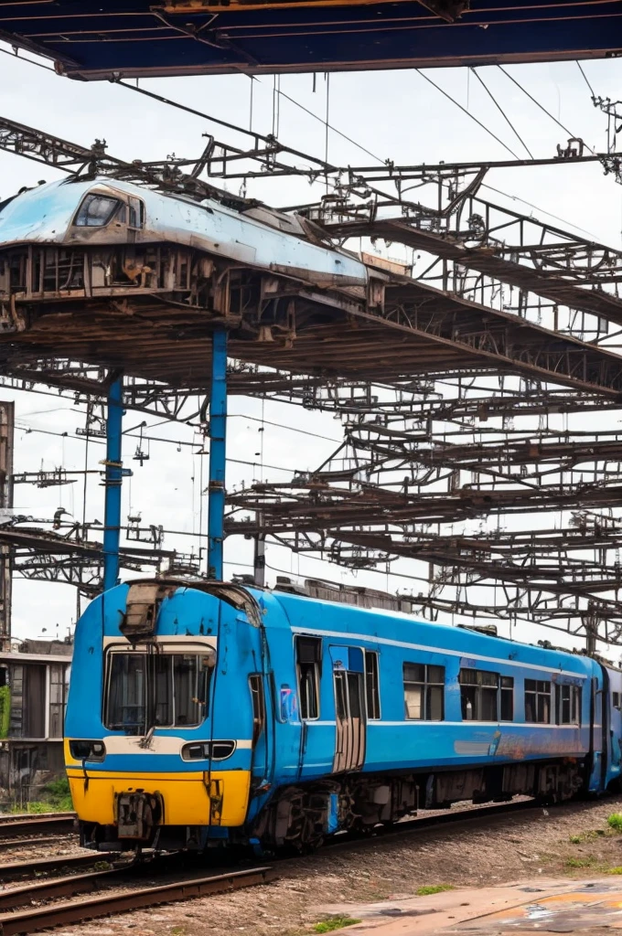 a gangster is doing graffiti on a train carriage, with an abandoned train station in the background