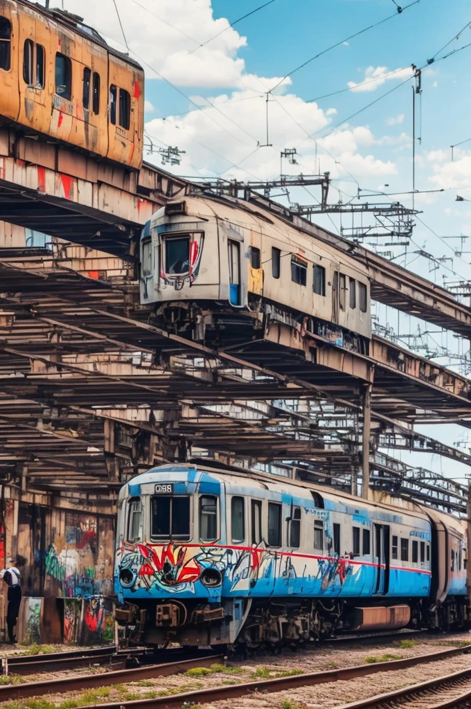 a gangster is doing graffiti on a train carriage, with an abandoned train station in the background