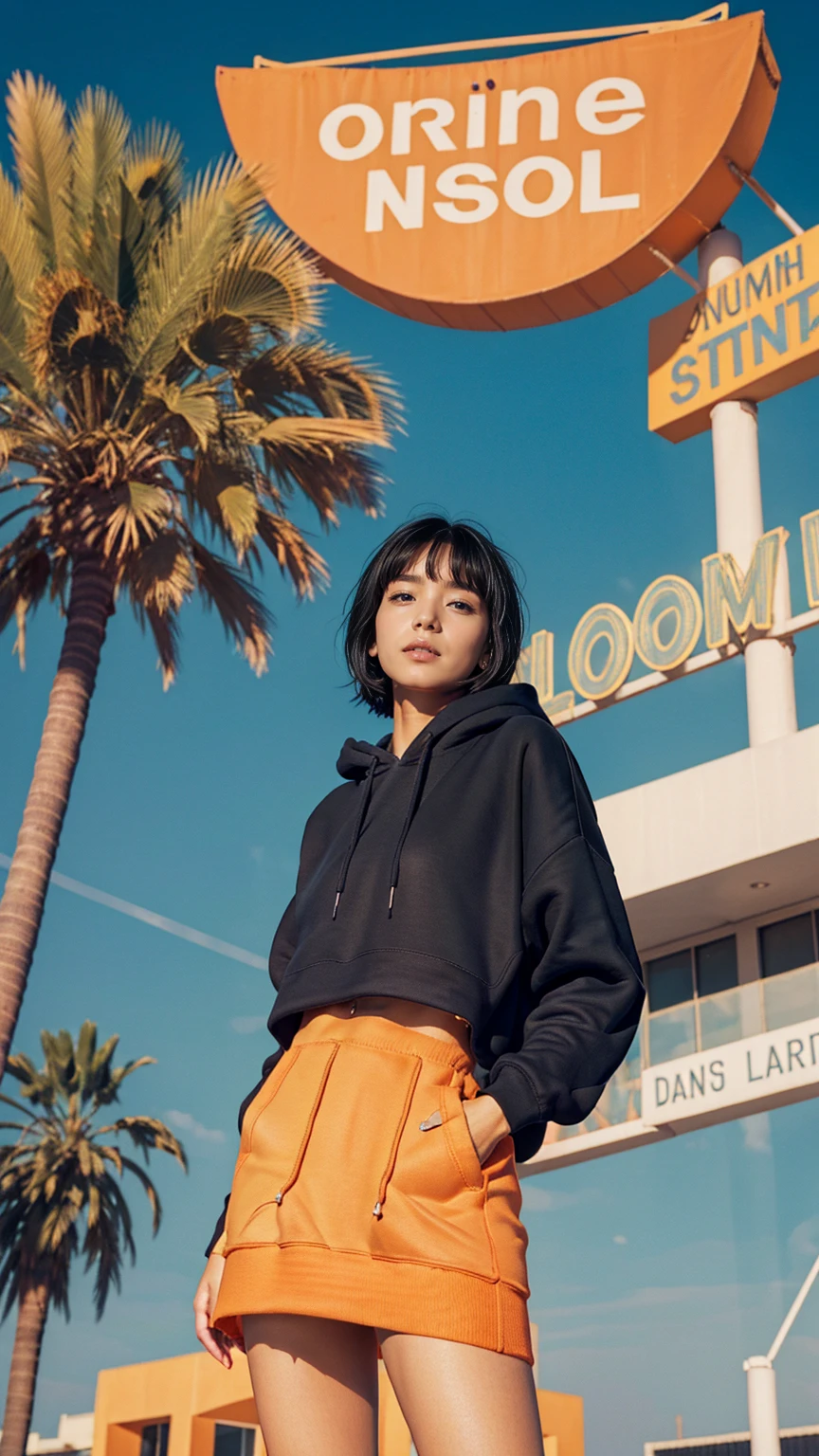 1 girl,looking at camera, wear ((orange color oversized hoodie)), (purple tennis skirt),Best Quality,Masterpiece,Ultra High Resolution,(Realisticity:1.4),Original Photo, 8k, light leak,dark intens shadow,ultra high resolution,UHD,beautiful, (black bob hair), almond eye, no makeup, in front of 80's architecture colorful motel, (from below:1.2), (realistic:1.2), (surreal:1.3), (very detailed:1.1), ((masterpiece)),summer, blue sky, palm trees,sunny, los angles vibes