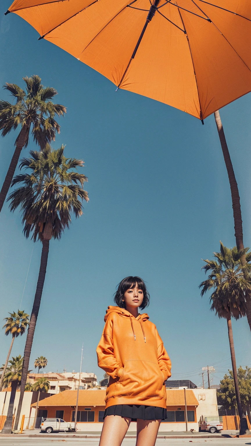 1 girl,looking at camera, wear ((orange color oversized hoodie)), (purple tennis skirt),Best Quality,Masterpiece,Ultra High Resolution,(Realisticity:1.4),Original Photo, 8k, light leak,dark intens shadow,ultra high resolution,UHD,beautiful, (black bob hair), almond eye, no makeup, in front of 80's architecture colorful motel, (from below:1.2), (realistic:1.2), (surreal:1.3), (very detailed:1.1), ((masterpiece)),summer, blue sky, palm trees,sunny, los angles vibes