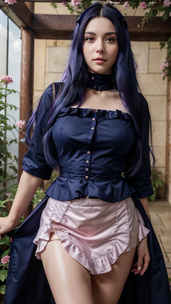 (absurdres, highres, ultra detailed), masterpiece, hinata(boruto), ((solo)), 1girl,medium breasts, long purple victorian style dress, closed mouth, (((long hair))),standing, the bodice and the skirt pattern, frill skirt, lace, blink blink effect, (((detailed lips))), garden, pink and yellow flowers,  ((realistic skin)), glowing skin, ((glossy red lips)), purple eyes, portrait, beautiful, smile, (((dark blue hair))), bust crop, normal skin