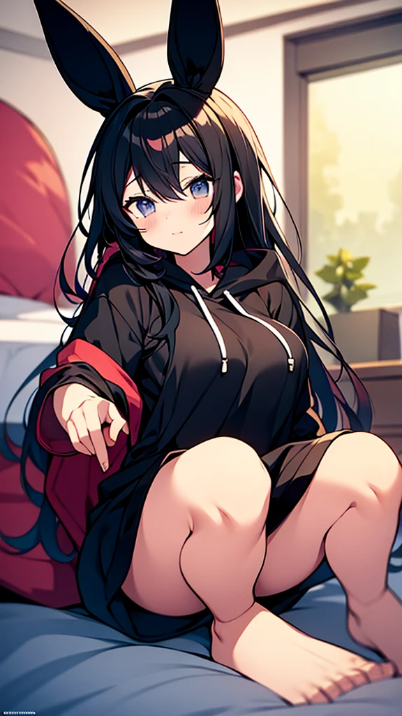 anime girl with hoodie and bunny ears on her head, anime moe art style, black haired girl lying on her bed