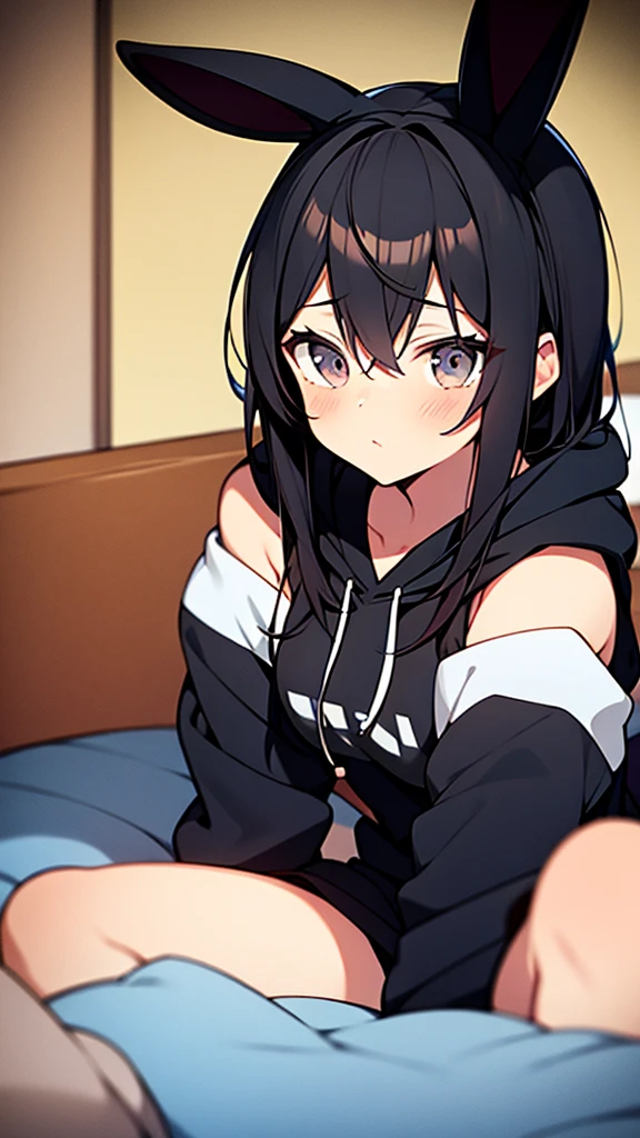 anime girl with hoodie and bunny ears on her head, anime moe art style, black haired girl lying on her bed