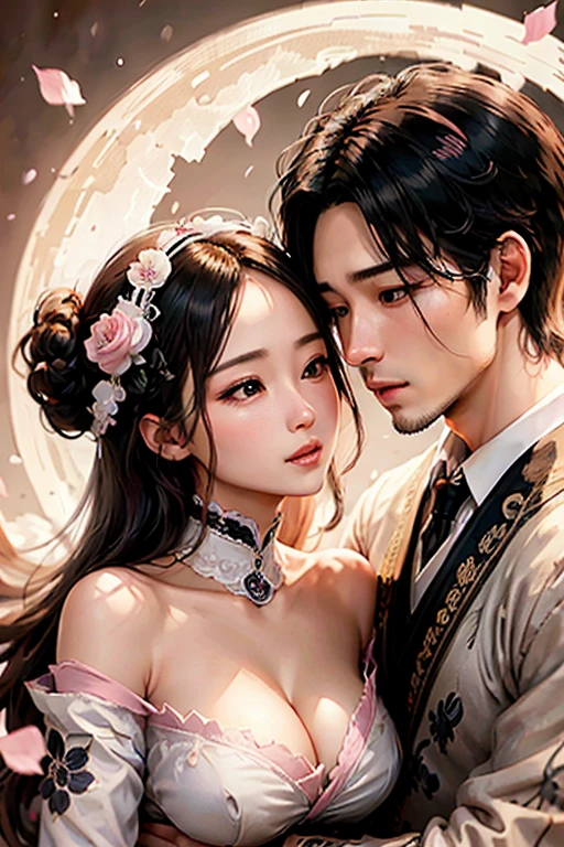 ,1 moon,Romantic couple kissing in the wind,anatomy correct, Delicate pattern,Oriental elements,Ink painting style, Clean colors,Pink rose space, Soft lighting, ( Bokeh),Masterpiece, Super detailed, Epic composition, Highest quality, 8K,