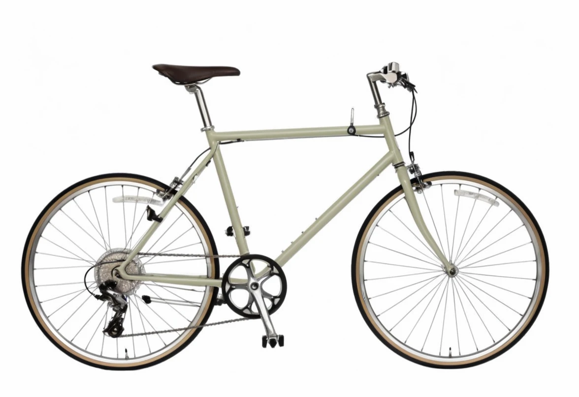 A cute woman in her 20s riding a bicycle. The bicycle is in full view, and the background is a beautiful, bright city with some greenery in the background. The cute woman has a face that is more Japanese than the one in the photo.