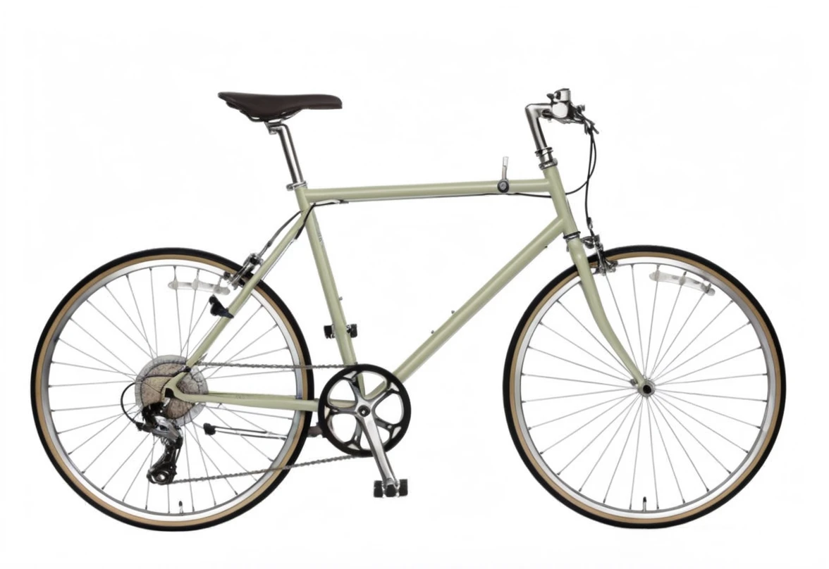 A cute woman in her 20s riding a bicycle. The bicycle is in full view, and the background is a beautiful, bright city with some greenery in the background. The cute woman has a face that is more Japanese than the one in the photo.