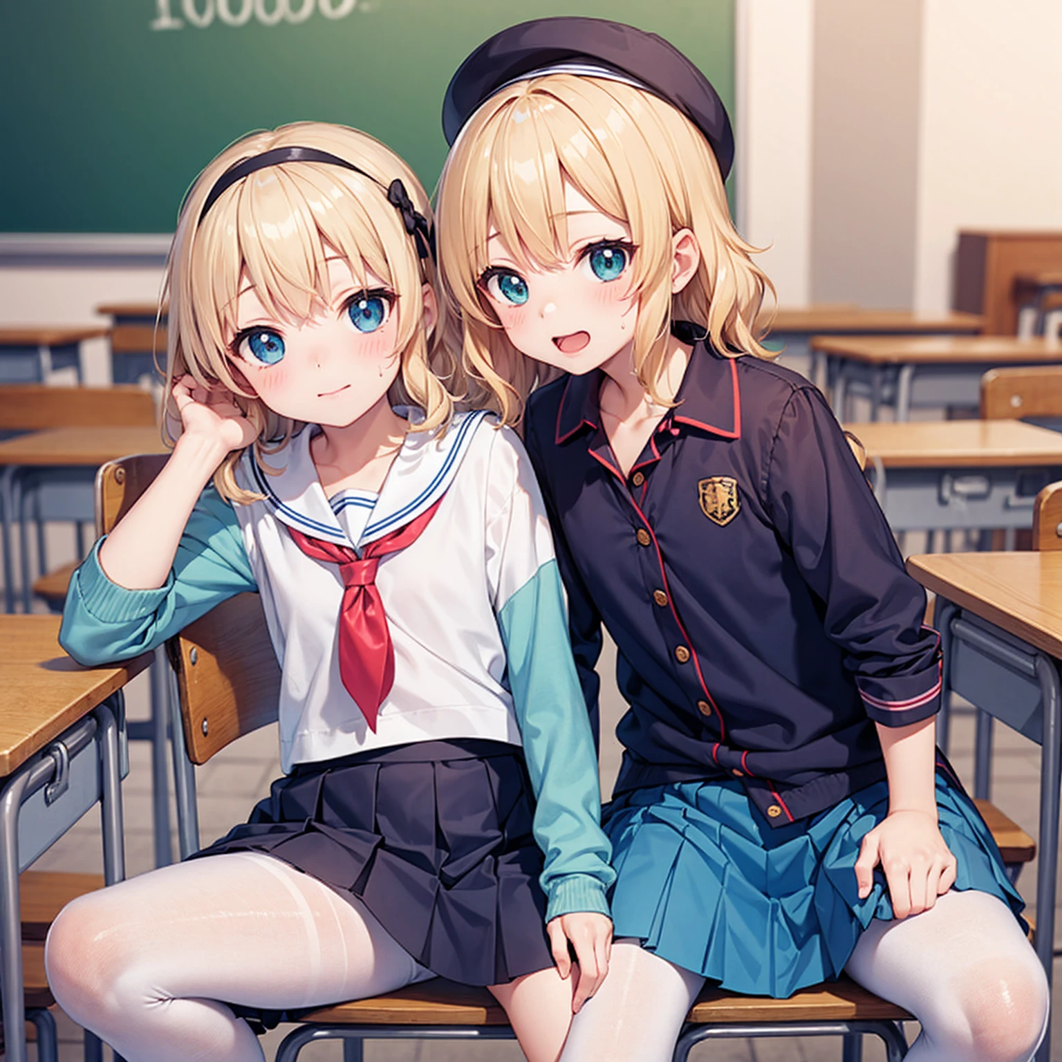 Highest quality,Highest quality,One Girl,One boy,((((10 years old)))),Flat Chest,orgasm,blush, Sweat, Sakurai Momoka,blonde,White Sarah Outfit,Navy Blue Skirt, It is not a pleated skirt,whole body,classroom, White Pantyhose、Navy Blue Skirtをめくる、Spread your legs