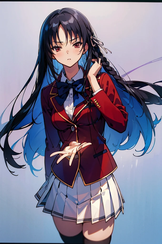 masterpiece, best quality, high resolution, best illustration, super fine illustration, (official art:0.8), anime screencap, detailed beautiful face and eyes, anime keyvisual, (perfect anatomy:1.5), 8k portrait, (detail focus fingers:1.2), 
1girl,
Suzune Horikita, 
Suzune Horikita \(youjitsu\),
long hair, braid, 
black hair, 
(red eyes:1.2), slant eyes, small eyes, 
blue bow, 
medium breasts, 
(school uniform, red jacket, white skirt, pleated skirt, black thigh-high socks),
looking at viewer, 
cowboy shot, 
perfect light, background of outdoors, 