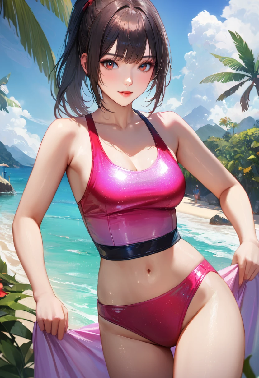 Tropical Beach, Clear sky with white clouds, Cute Swimsuits, Blur the background,High school girls,ponytail,Glitter effect,Highest quality, 8K, High resolution, masterpiece:1.2, Very detailed, Realistic:1.37, High resolution, 超High resolution, Ultra-fine painting, Very detailed, Professional, Vibrant colors