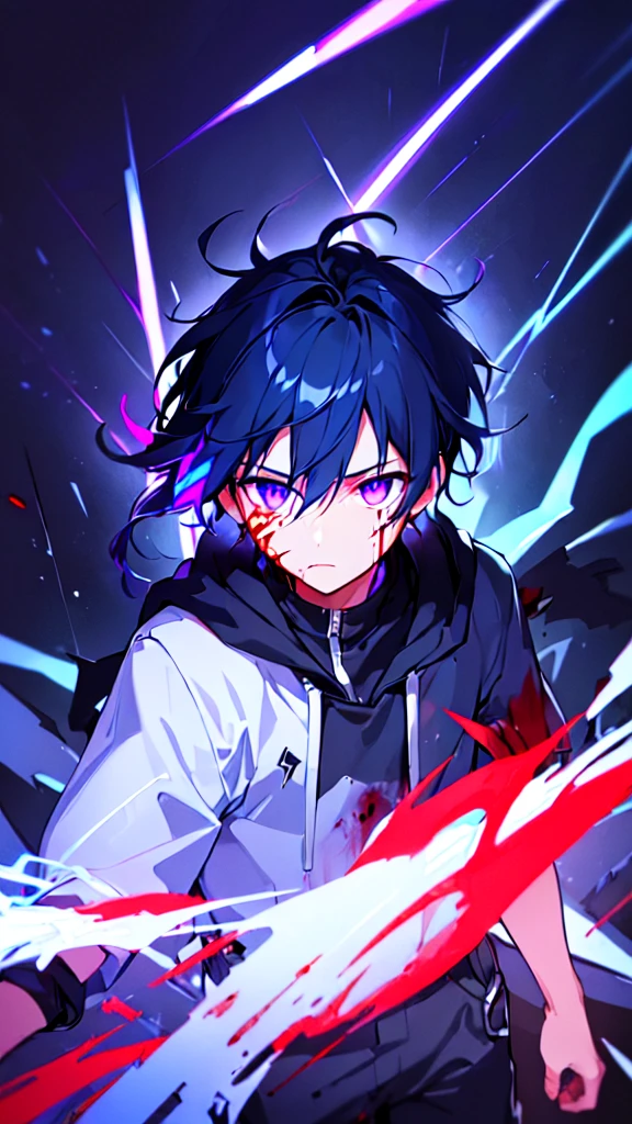 [(BLACK BACKGROUND:1.5),::5], ((((masterpiece)))), high quality, ultra very high resolution, full color, (((solo))), (()), black hair, ((blue colored inner hair)), ((purple eyes)), anime, ((upper body)), neon light, black parka, (lightning effect:1.2), (Blood effect:1.5)