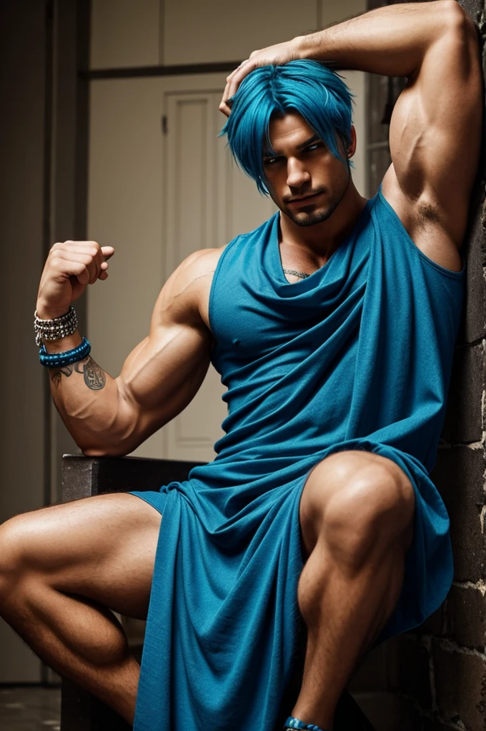 man with blue hair, rock rag on the wrist, rocker and a little muscular, elegant dress