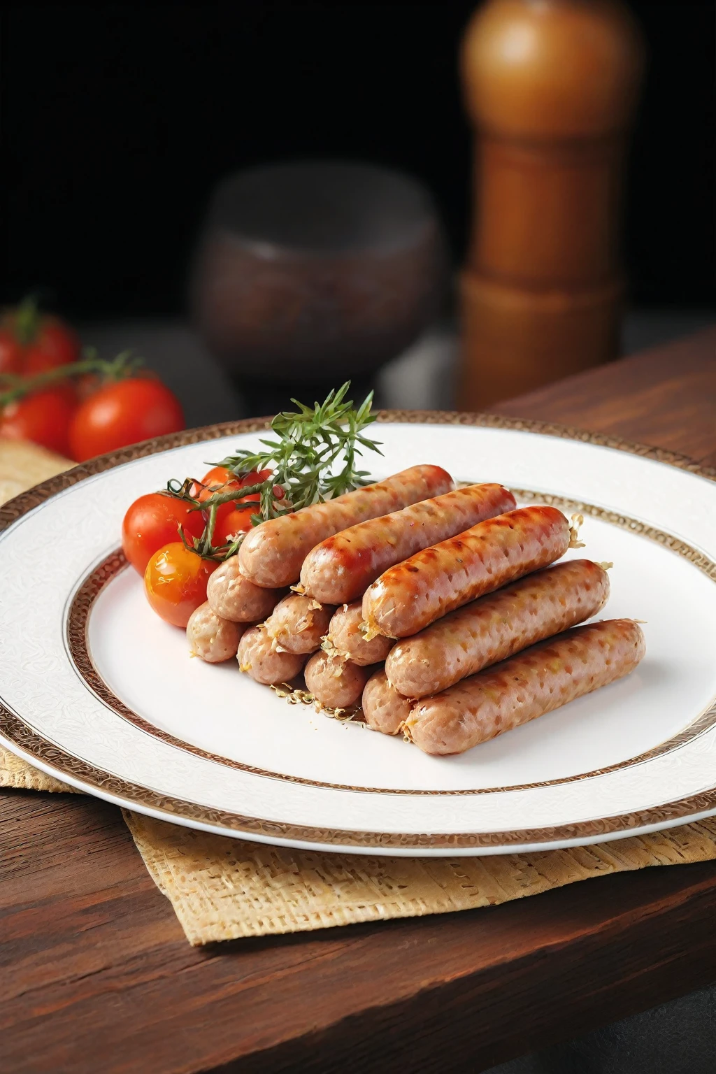 there are sausages and tomatoes on a plate on a table, sausages, nugget and sausage on plate, sausage, chorizo sausage, sausage hair, sausage, High-quality food photography, in stock, anonymous as a sausage, Good quality, tasty, Marketing photos, 非常tasty, serve on a plate, Hyper-realistic food pictures, professional food photo, illinois, Panoramic view