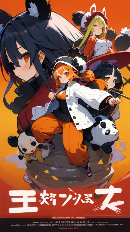 Anime, group of girls, 8 girls, huge hairstyle, multicolored hair, panda's hat, busty, gorgeous, plump body, Long cardigans, Long shirts, Orange pants, panda's hat, Long tails, 8 girls , 8 girls