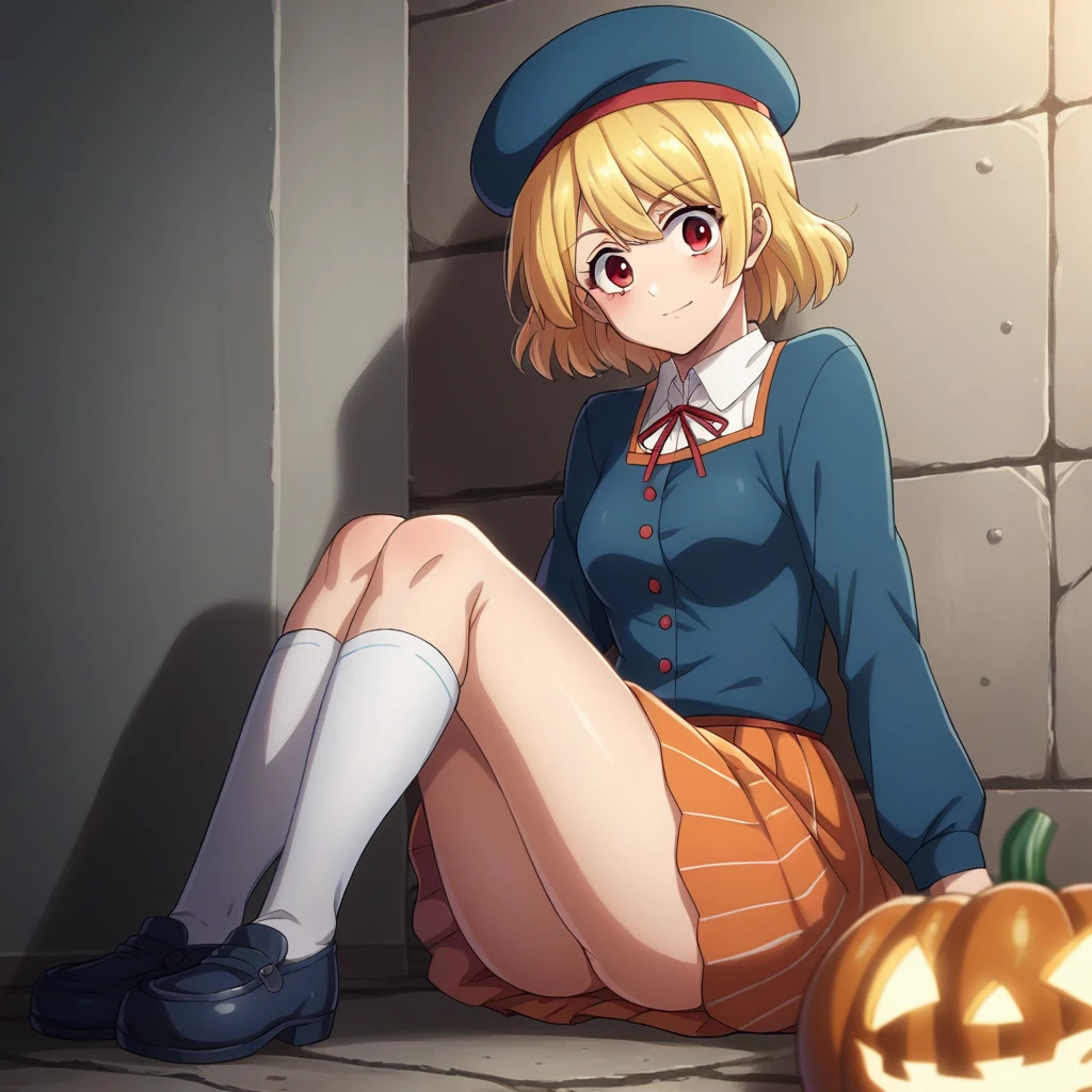 score_9, score_8_up, score_7_up, score_6_up, score_5_up, score_4_up, BREAK, source_cartoon, source_anime, Lambdadelta
blue beret
dress
blonde hair
short hair
blue and white striped knee highs
blue shoes
red eyes
pumpkin
jack-o’-lantern, portrait