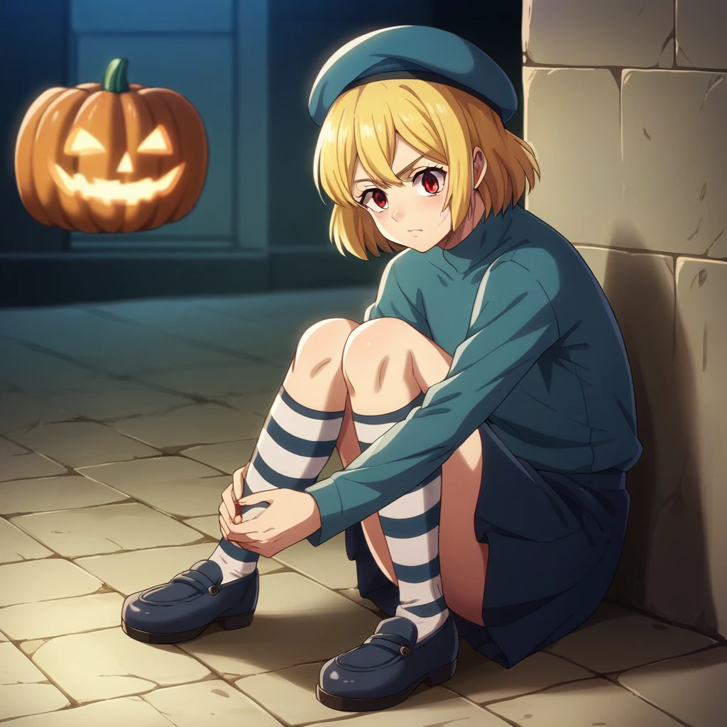 score_9, score_8_up, score_7_up, score_6_up, score_5_up, score_4_up, BREAK, source_cartoon, source_anime, Lambdadelta
blue beret
dress
blonde hair
short hair
blue and white striped knee highs
blue shoes
red eyes
pumpkin
jack-o’-lantern, portrait