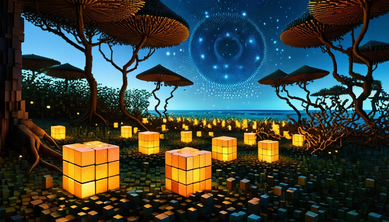 An enchanted forest made up of RAL-3D cubes, Surrounded by the fantastic light of fireflies ,The wide sea is nearby,There are lots of small lizards,so beautiful,There are many small lizards living here