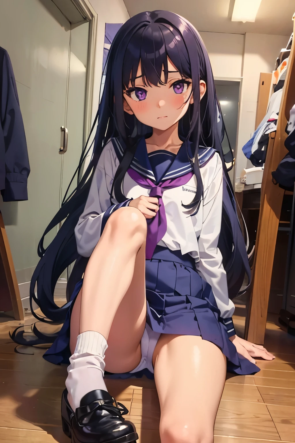 Elementary school girl, , flat chest, black hair, long hair, purple eyes, embarrassed expression(One person) White sailor suit on the upper half, navy blue miniskirt on the lower half White panties((I can see her panties))White socks sports warehouse sitting on top of a vaulting box Dynamic Angle Low - Angle