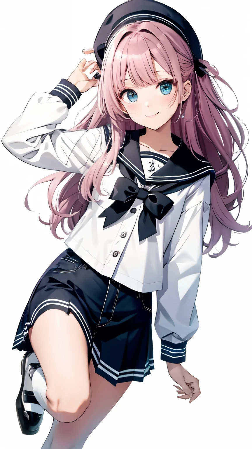 high quality、White background、Beautiful girl、Cute Hairstyles、Cute hair color、Cute colored sailor uniform、White sailor collar、Cute Checkered Pleated Skirt、Cute color school cardigan、Bright colored stockings、smile、Laughter、No background、Down to the toes、whole body