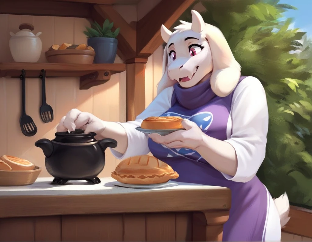 score_9, score_9_up, score_8_up, score_7_up, score_6_up, score_5_up, rating_safe, source_furry, anthro, toriel, solo, baking a pie in a stove, digital art anthro, tail, fully in view, detailed fluffy fur covered body, duo, in a cottage home indoors,
