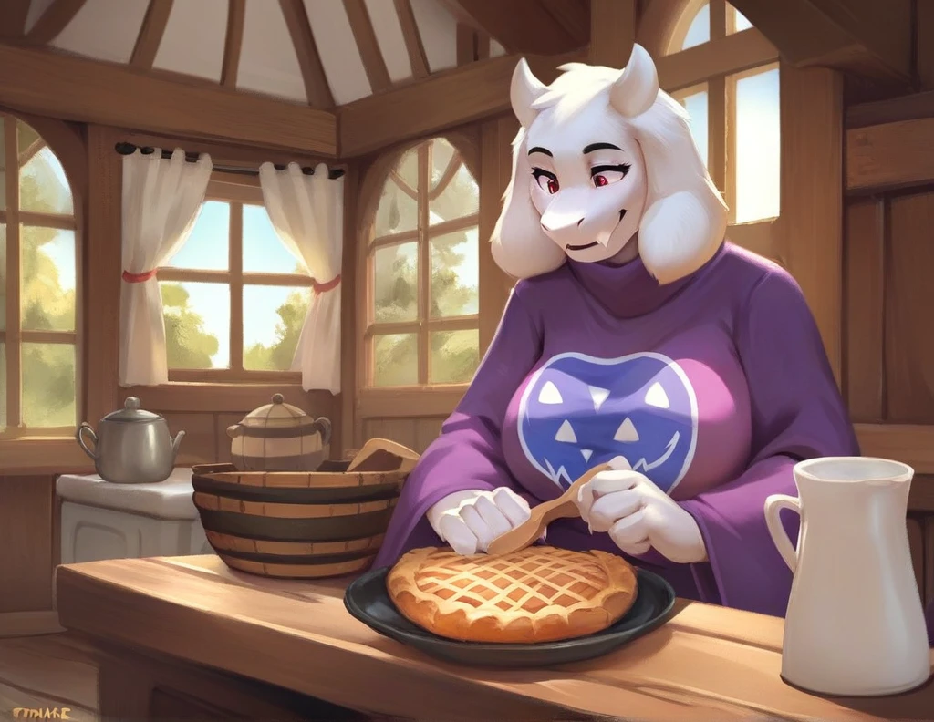 score_9, score_9_up, score_8_up, score_7_up, score_6_up, score_5_up, rating_safe, source_furry, anthro, toriel, solo, baking a pie in a stove, digital art anthro, tail, fully in view, detailed fluffy fur covered body, duo, in a cottage home indoors,
