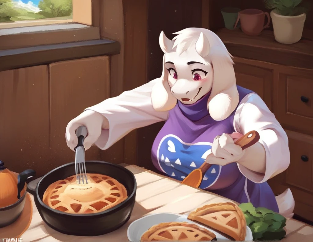 score_9, score_9_up, score_8_up, score_7_up, score_6_up, score_5_up, rating_safe, source_furry, anthro, toriel, solo, baking a pie in a stove, digital art anthro, tail, fully in view, detailed fluffy fur covered body, duo, in a cottage home indoors,
