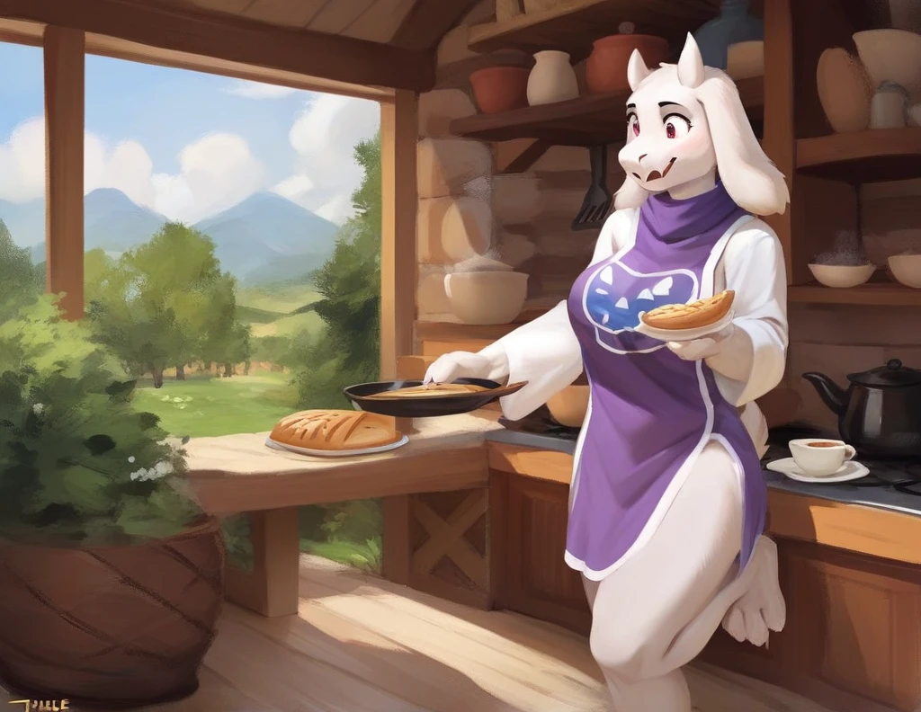 score_9, score_9_up, score_8_up, score_7_up, score_6_up, score_5_up, rating_safe, source_furry, anthro, toriel, solo, baking a pie in a stove, digital art anthro, tail, fully in view, detailed fluffy fur covered body, duo, in a cottage home indoors,
