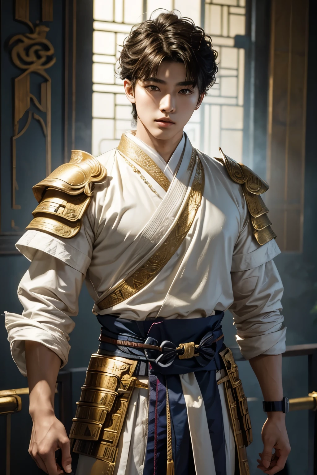  1 Asian boy 18 years old curly hair both 2  hand hold  a samurai knife acting as a warier, dress in white and gold ancient samurai japan clots，（The whole body of the character, Expose muscle,（Exquisite base），Wu Yifan，The color is bright，Rich in color，Handsome korean model inspiration cybernetic boy looking at camera lingerie detailed muscular reality masterpiece,