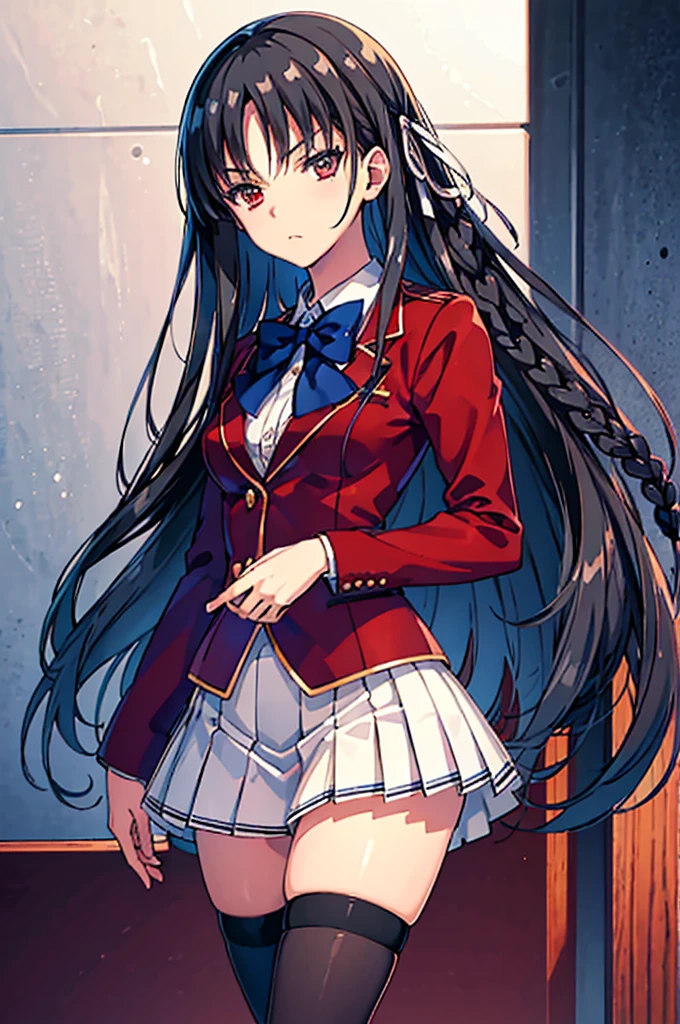 masterpiece, best quality, high resolution, best illustration, super fine illustration, (official art:0.8), anime screencap, detailed beautiful face and eyes, anime keyvisual, (perfect anatomy:1.5), 8k portrait, (detail focus fingers:1.2),
1girl,
Suzune Horikita,
Suzune Horikita \(youjitsu\),
long hair, braid,
black hair,
(red eyes:1.2), slant eyes, small eyes,
blue bow,
medium breasts,
(school uniform, red jacket, white skirt, pleated skirt, black thigh-high socks),
looking at viewer,
cowboy shot,
perfect light, background of outdoors,