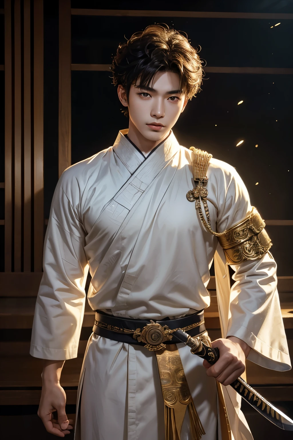 1 Asian boy 18 years old curly hair both 2 hand hold a samurai knife acting as a warier, dress in white and gold ancient samurai japan clots,(The whole body of the character, Expose muscle,(Exquisite base),Wu Yifan,The color is bright,Rich in color,Handsome korean model inspiration cybernetic boy looking at camera lingerie detailed muscular reality masterpiece,