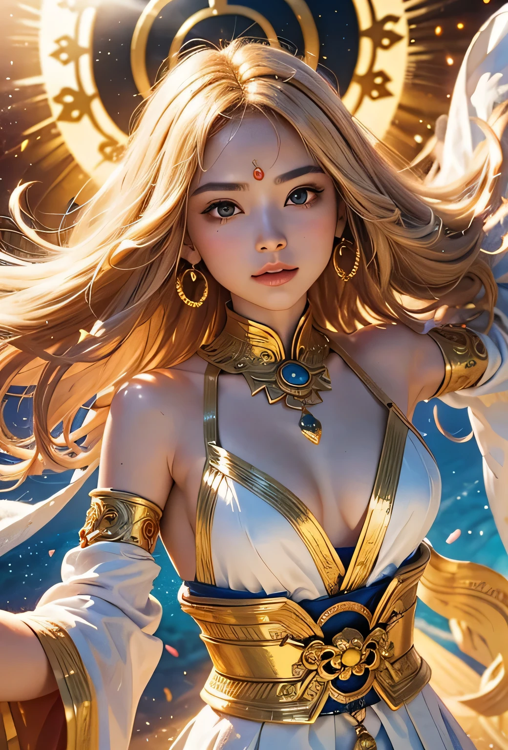 "Child of the Sun, Goddess of Love": Within a sacred sanctuary bathed in sunlight, depict the figure of a sun goddess who governs love, facing forward and emanating divine radiance. She is a , around 3 years old. Zoom in to focus on her face, with a gleaming orb of light in her hands, representing the life-giving power of the sun. Her hair is shimmering gold, and she is wearing a traditional miko outfit as seen in Japanese shrines. The background should be predominantly gold, evoking a sense of divine splendor, with numerous heart-themed objects expressing the beauty of love. The setting is in heaven, enveloped in soft, bright light, where one can find tranquility and peace of mind, free from any trace of anxiety.Straight-on.
