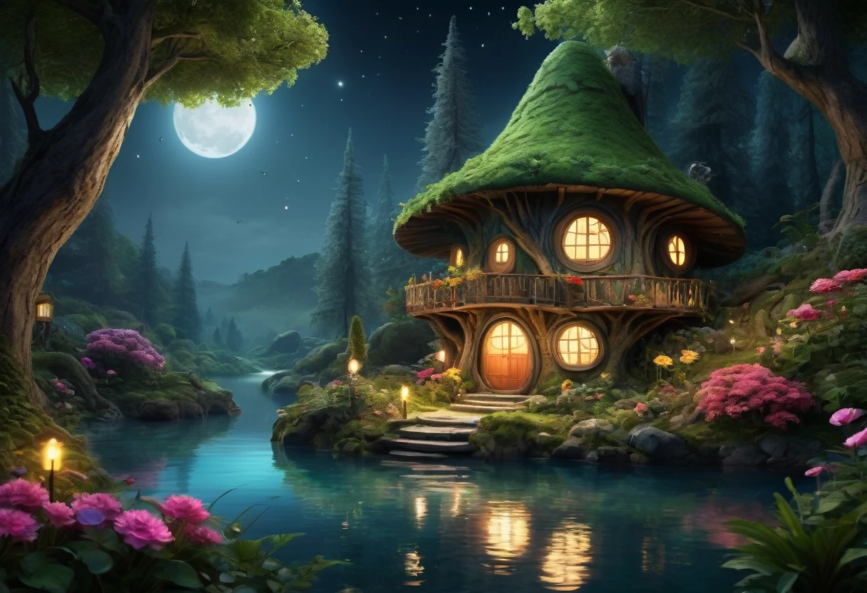 (Mysterious fantasy forest at night, Dense trees, A strange and cute little tree:1.5), A hobbit cabin, It is vividly depicted in the work (Best quality, 8K, Advanced resolution, Masterpiece: 1.2), With ultra-detailed detail, (1.4x realism, Photorealistic: 1.37). This fantasy forest is made up of dark, enchanting colors, bathed in the cool glow of the moon, creating a serene and mystical atmosphere. The house has been designed with great attention to detail, with a complex design and unique architecture, similar to a mushroom-shaped house. A small lake reflects the moonlight, adding an element of tranquility and magic to the scene. (This fantasy forest is surrounded by lush greenery and colorful flowers), Elevate a captivating and magical environment. The artwork showcases an illustrative style, inspired by children's book illustrations, ensuring a glamorous and nostalgic touch. The color palette consists of deep, vibrant hues, seven colors, evoking feelings of wonder and enchantment. Lighting accentuates the picturesque scene, soft and cool shadows are created that add depth and tranquility to the artwork. Every detail is impeccably presented, creating a visually stunning masterpiece, capturing the essence of the fantasy forest at night.