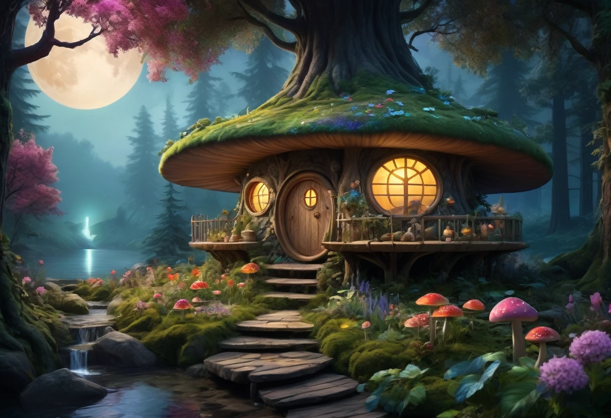 (Mysterious fantasy forest at night, Dense trees, A strange and cute little tree:1.5), A hobbit cabin, It is vividly depicted in the work (Best quality, 8K, Advanced resolution, Masterpiece: 1.2), With ultra-detailed detail, (1.4x realism, Photorealistic: 1.37). This fantasy forest is made up of dark, enchanting colors, bathed in the cool glow of the moon, creating a serene and mystical atmosphere. The house has been designed with great attention to detail, with a complex design and unique architecture, similar to a mushroom-shaped house. A small lake reflects the moonlight, adding an element of tranquility and magic to the scene. (This fantasy forest is surrounded by lush greenery and colorful flowers), Elevate a captivating and magical environment. The artwork showcases an illustrative style, inspired by children's book illustrations, ensuring a glamorous and nostalgic touch. The color palette consists of deep, vibrant hues, seven colors, evoking feelings of wonder and enchantment. Lighting accentuates the picturesque scene, soft and cool shadows are created that add depth and tranquility to the artwork. Every detail is impeccably presented, creating a visually stunning masterpiece, capturing the essence of the fantasy forest at night.