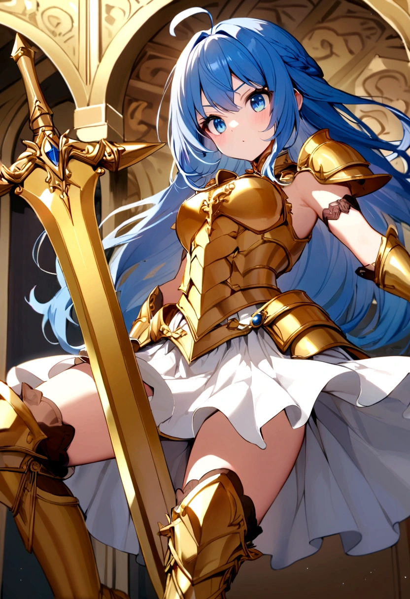 Warrior Girl, Long blue hair with an ahoge, golden torso sleevless armor, long gold boots, white skirt, with a short Sword