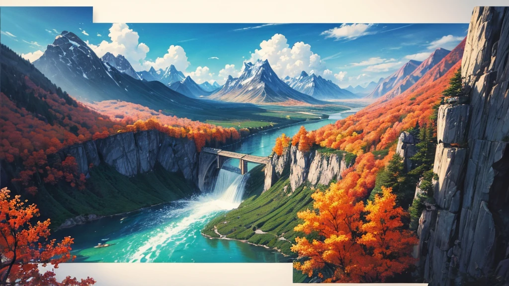 The painting depicts a traditional East Asian landscape with soaring rocky mountains studded with trees, The waterfall falls into the river flowing over the curved bridge, and many fall-colored trees at the foot of the mountain. In the sky there were two white birds flying and on the top of the mountain there was a small temple. The sky is painted gently to create the feeling of fog or clouds. The upper right corner of the picture has Chinese characters, could be the artist&#39;s signature or a poem related to the work.