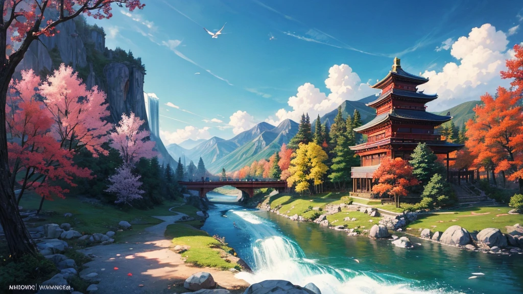 The painting depicts a traditional East Asian landscape with soaring rocky mountains studded with trees, The waterfall falls into the river flowing over the curved bridge, and many fall-colored trees at the foot of the mountain. In the sky there were two white birds flying and on the top of the mountain there was a small temple. The sky is painted gently to create the feeling of fog or clouds. The upper right corner of the picture has Chinese characters, could be the artist&#39;s signature or a poem related to the work.