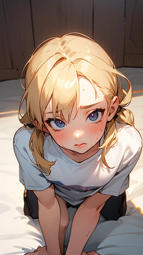 nsfw,(Petite),(A cute boy),blonde low twintails,lips,T-shirt chest voyeur,Sweat,White Breath,On all fours,Audience peering from above