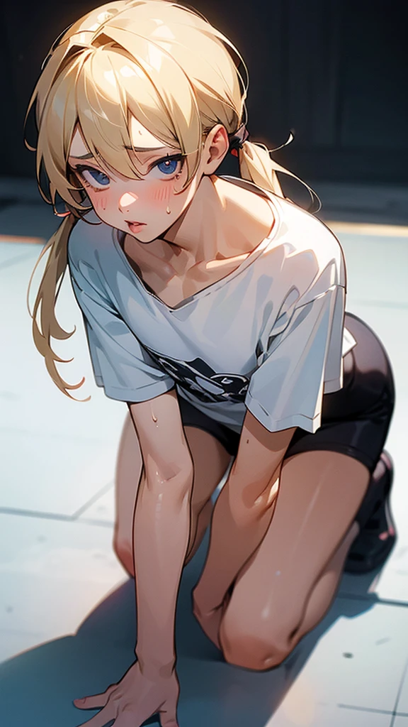 nsfw,(Petite),(A cute boy),blonde low twintails,lips,T-shirt chest voyeur,Sweat,White Breath,On all fours,Audience peering from above