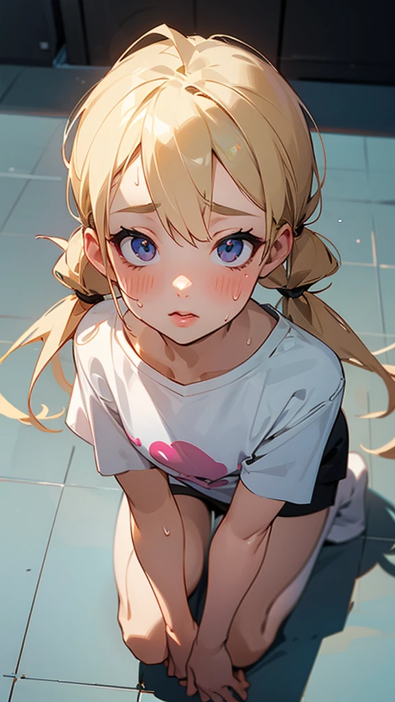 nsfw,(Petite),(A cute boy),blonde low twintails,lips,T-shirt chest voyeur,Sweat,White Breath,On all fours,Audience peering from above