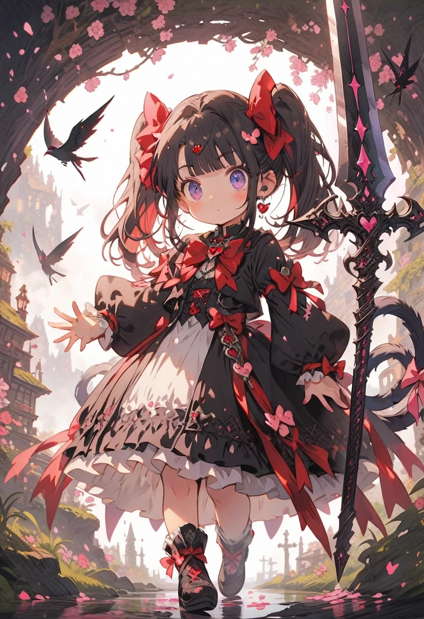 (best quality), Dark Fantasy, Great Sword, Magical girl, Gothic, Double tail, Practical, Extremely detailed, HD, Japanese cartoons,  